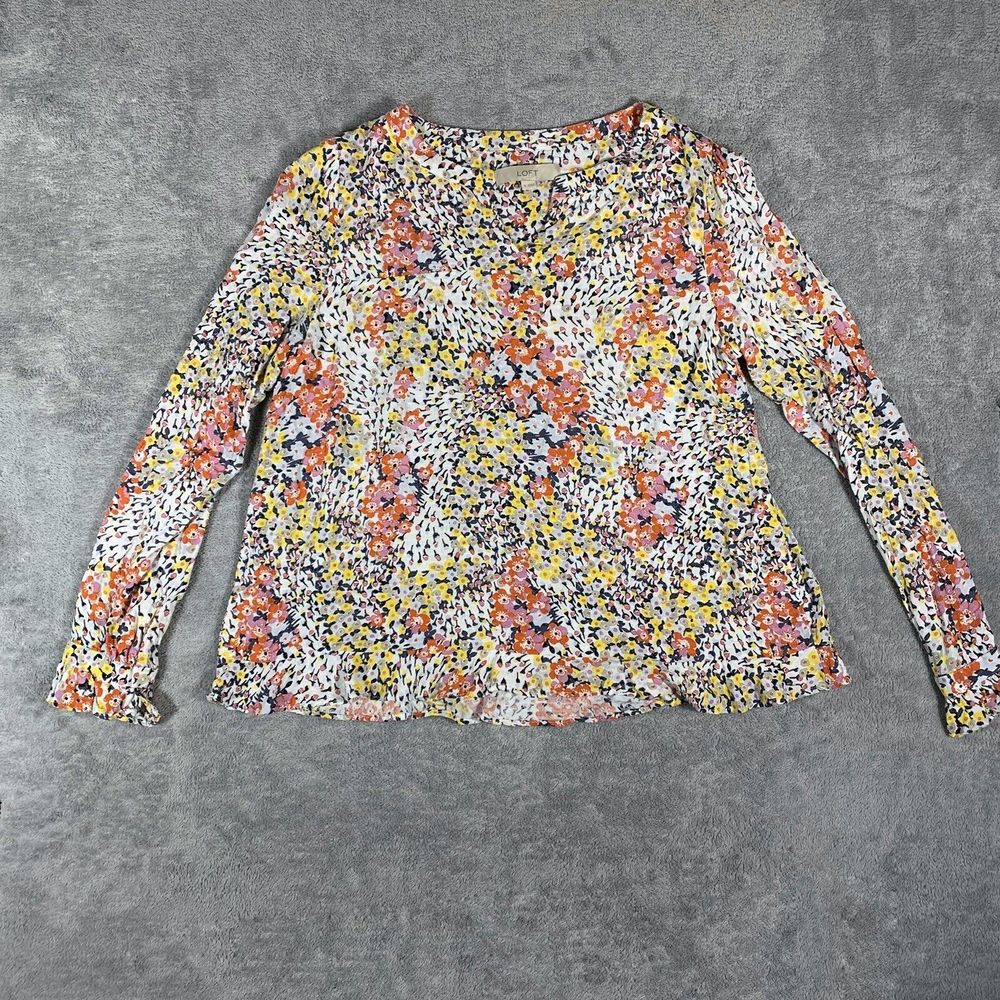 Loft M Medium Long Button Sleeve Scoop V Neck Skirted Waist Floral